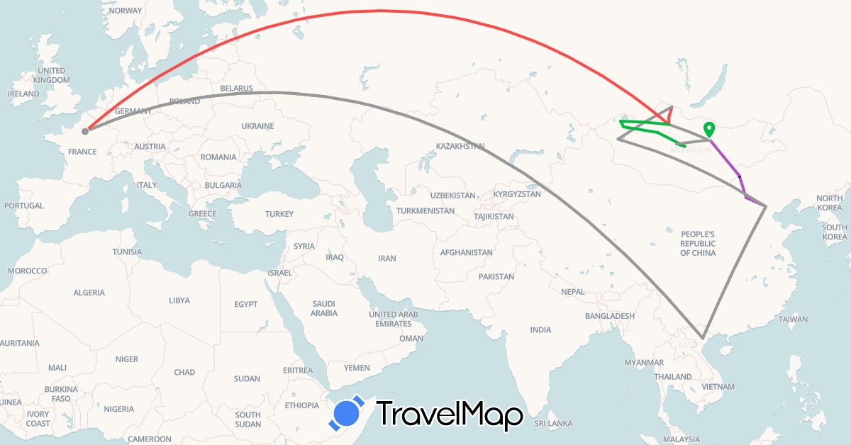 TravelMap itinerary: driving, bus, plane, train, hiking in China, France, Mongolia, Vietnam (Asia, Europe)